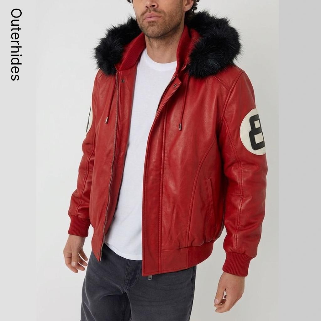 8 Ball Red Leather Bomber Jacket Men 90s Retro Hip Hop Hooded Fur Trim