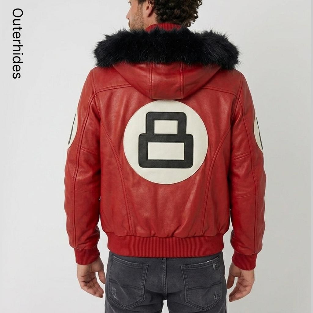8 Ball Red Leather Bomber Jacket Men 90s Retro Hip Hop Hooded Fur Trim