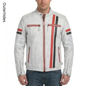 Men's Distressed Leather Motorcycle Jacket | Vintage Grey Café Racer Biker Coat