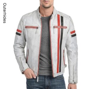 Men's Distressed Leather Motorcycle Jacket | Vintage Grey Café Racer Biker Coat