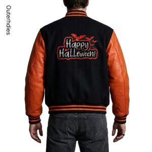 Happy Halloween Varsity Jacket | Black Wool Orange Leather Streetwear Coat