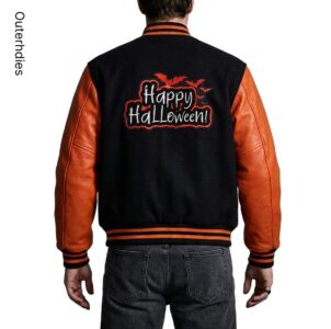 Happy Halloween Varsity Jacket | Black Wool Orange Leather Streetwear Coat