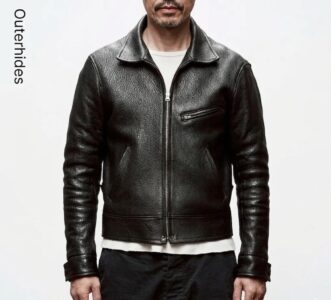 Men's Black Cafe Racer Leather Jacket | Shrunken Grain Cowhide Moto Biker Style