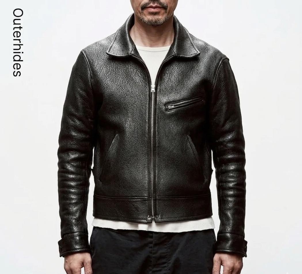 Men's Black Cafe Racer Leather Jacket | Shrunken Grain Cowhide Moto Biker Style