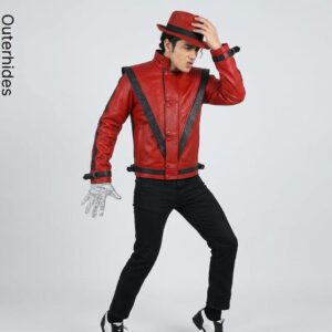 Red Leather Thriller Jacket | MJ V-Stripe Biker Cosplay Costume