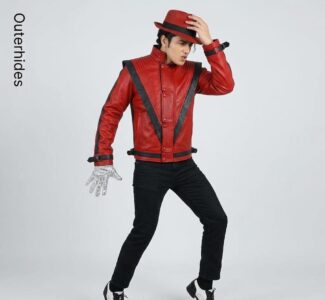 Red Leather Thriller Jacket | MJ V-Stripe Biker Cosplay Costume