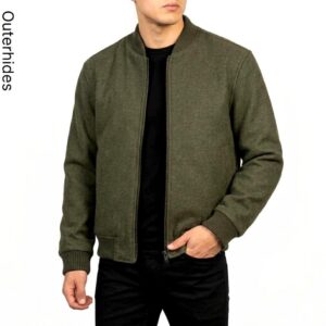 Olive Green Wool Blend Bomber | Old Money Mens Coat | Varsity Outerwear | Gift for Him