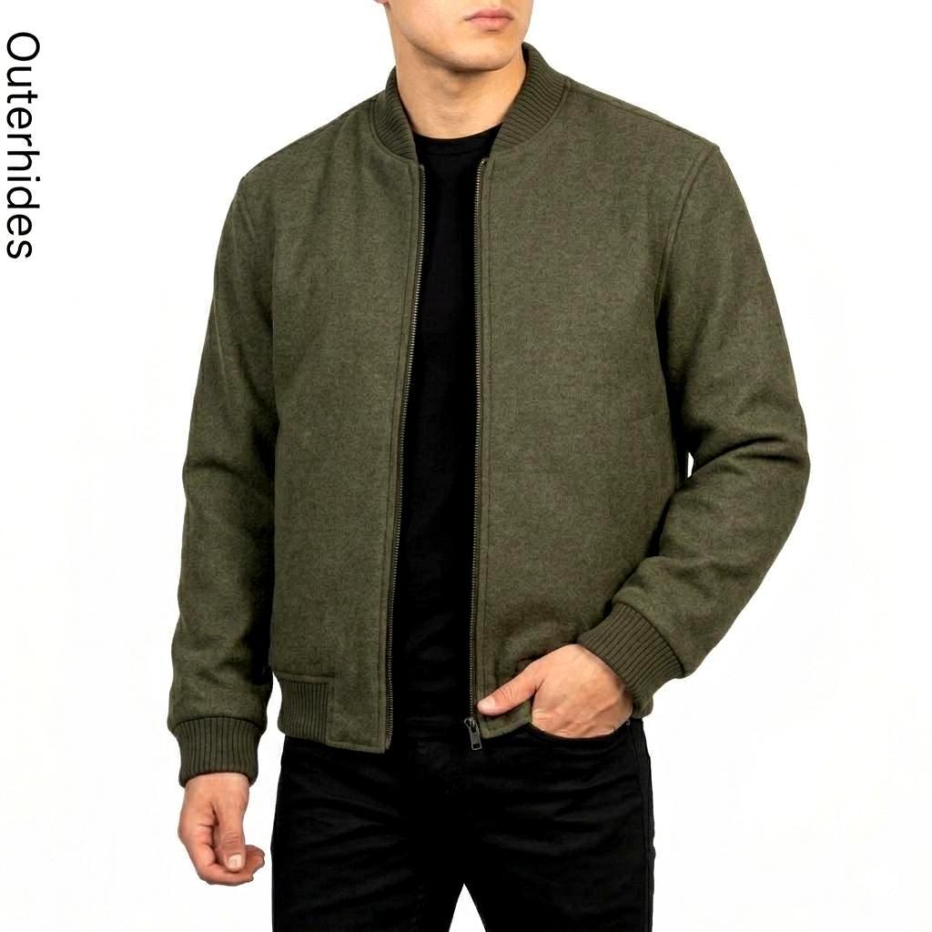 Olive Green Wool Blend Bomber | Old Money Mens Coat | Varsity Outerwear | Gift for Him