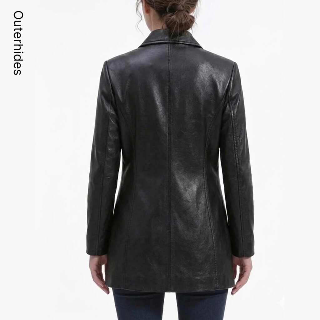 Women's Black Leather Blazer | Genuine Lambskin, Vegan Faux Leather Tailored Coat - image 3