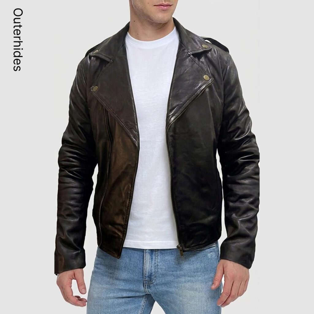 Men's Black Leather Biker Jacket | Genuine Lambskin, Faux Leather | Graphic Back Moto Coat
