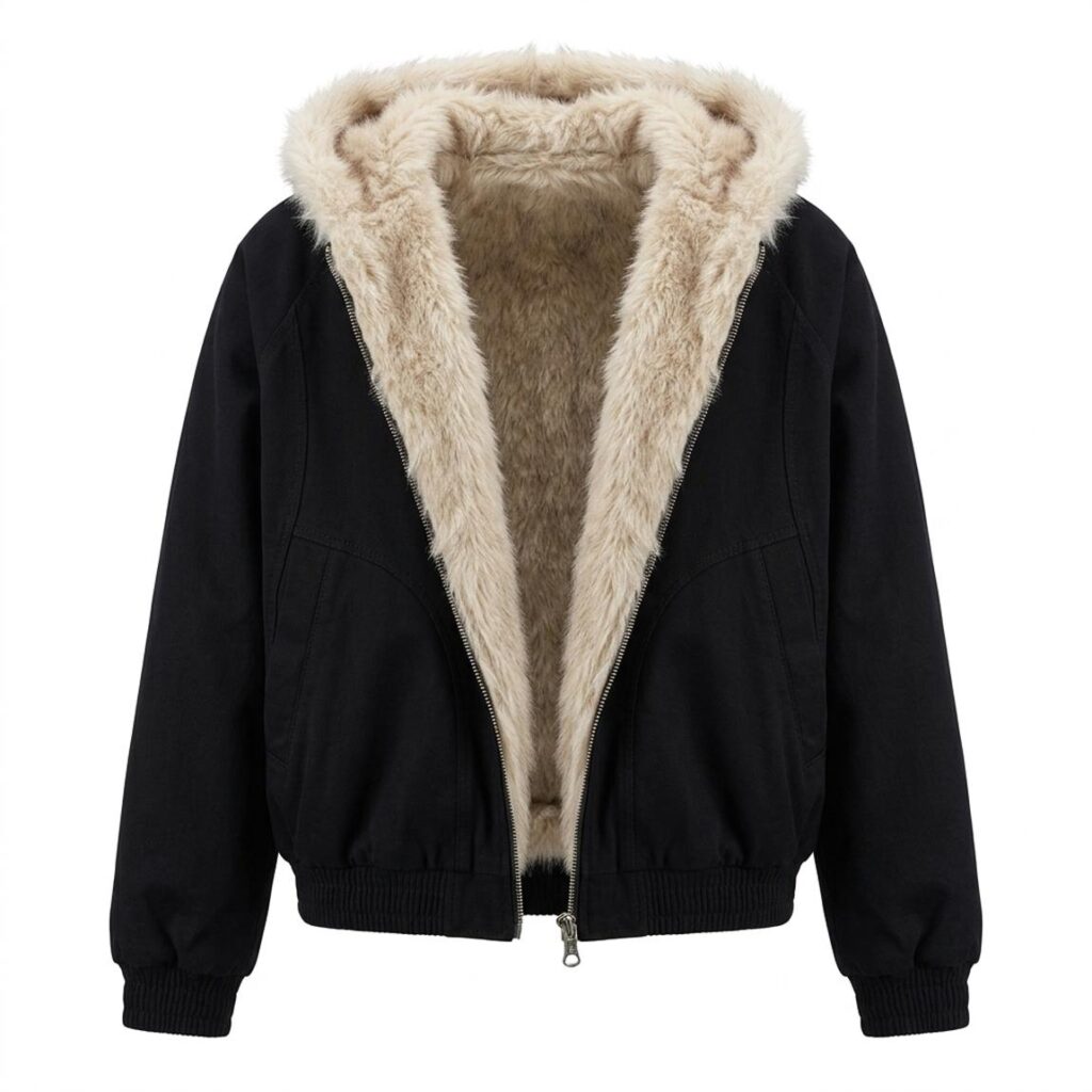 Black Faux Fur Lined Hooded Bomber Jacket | Oversized Sherpa Winter Coat