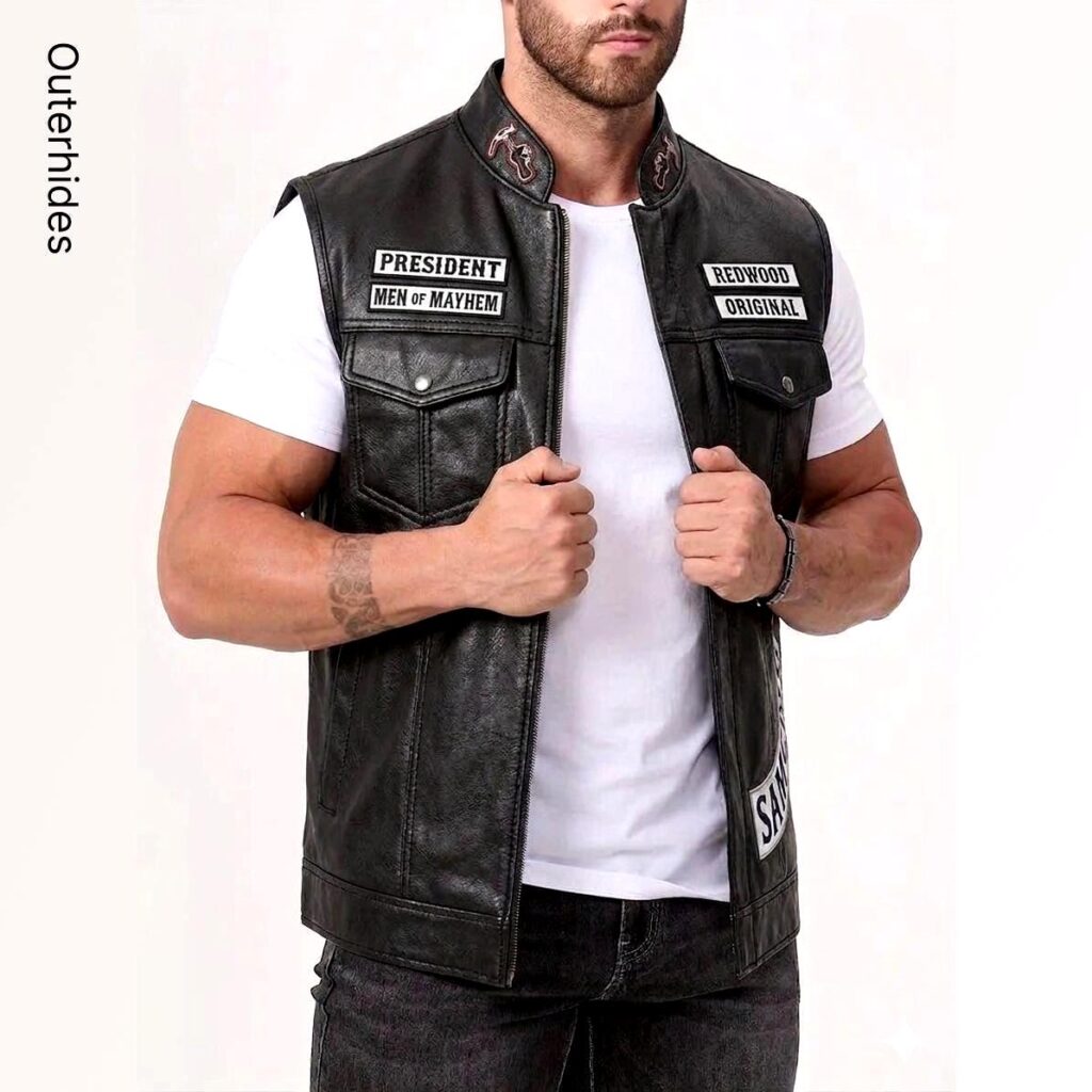 Men's Leather Biker Vest | MC Club Cut with Reaper Patch, Anarchy Skull Costume