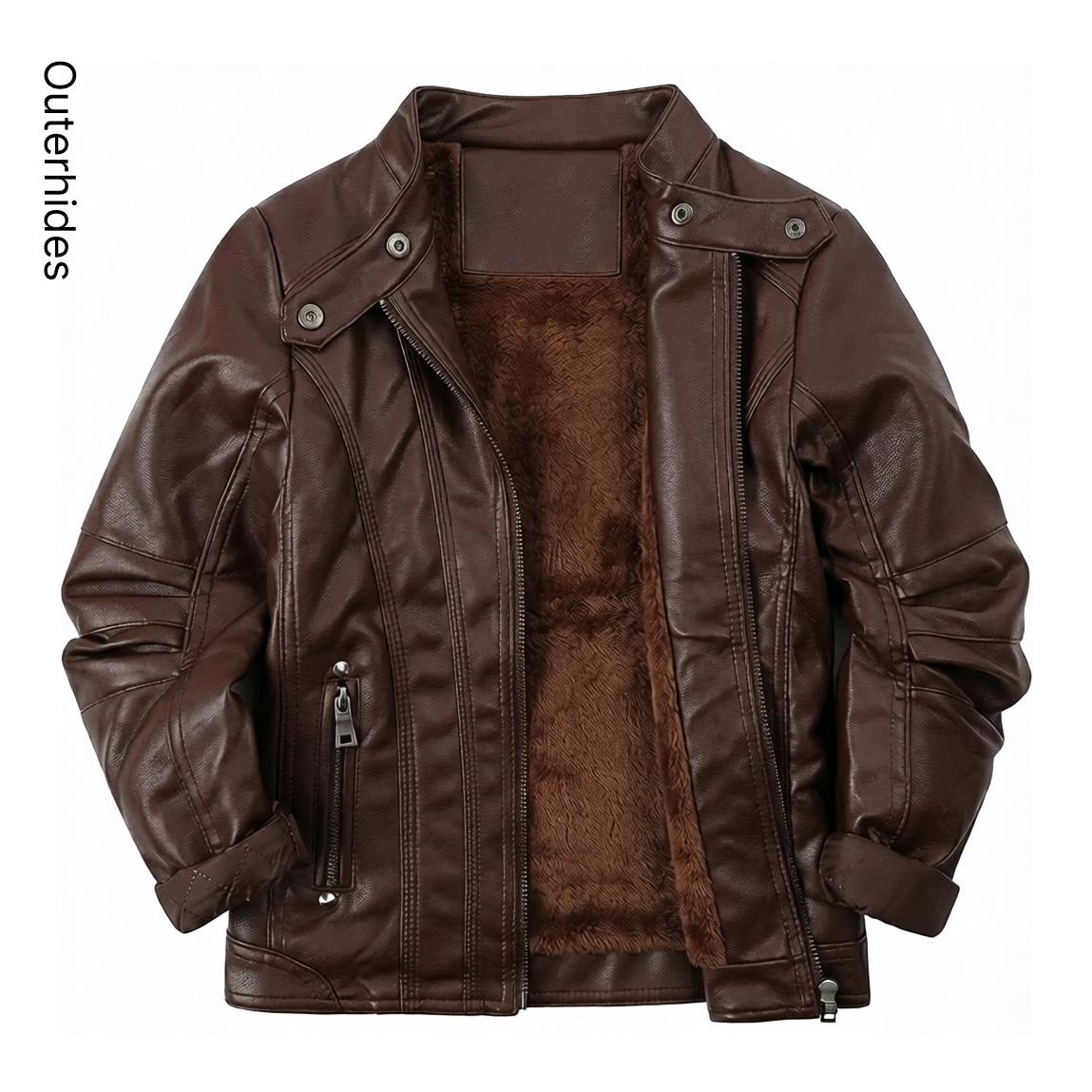 Fleece Lined Moto Jacket | Genuine Sheep Leather Biker Coat - Image 3