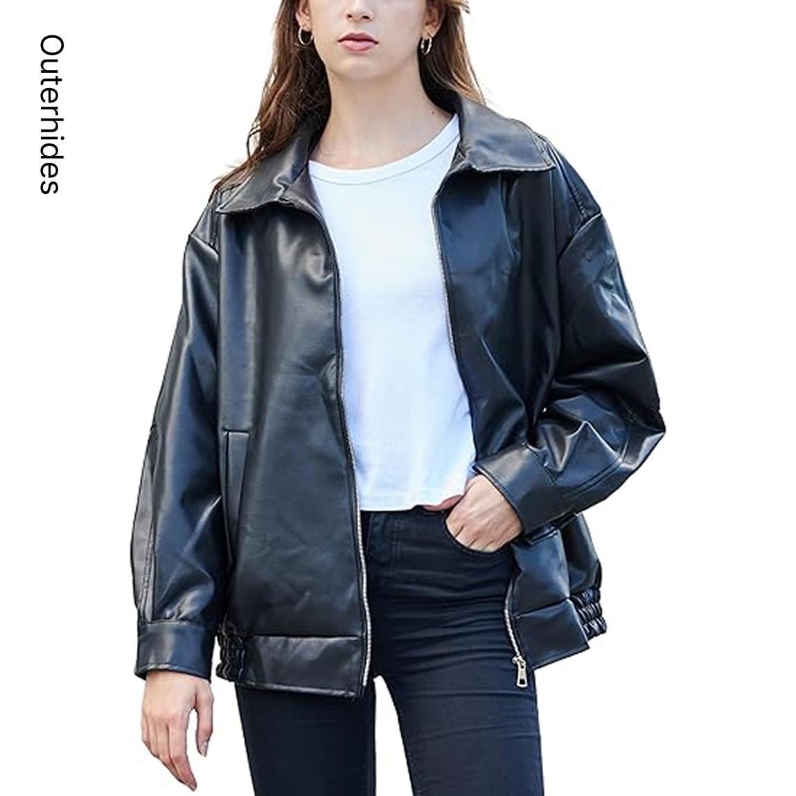 Oversized Black Leather Bomber Jacket | Boxy Streetwear Crop Coat (Genuine/Faux)