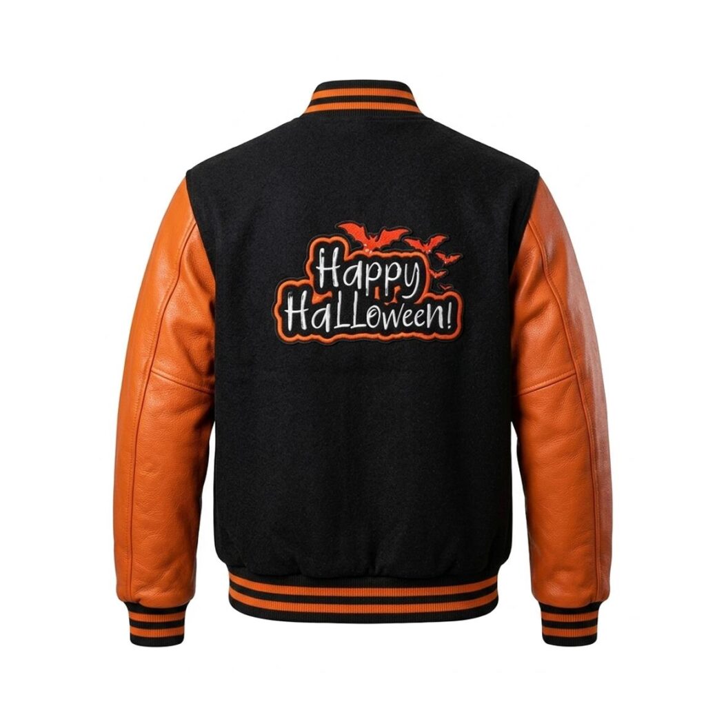 Happy Halloween Varsity Jacket | Black Wool Orange Leather Streetwear Coat