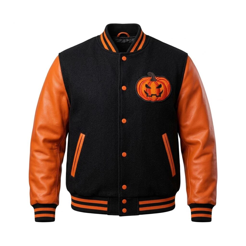 Happy Halloween Varsity Jacket | Black Wool Orange Leather Streetwear Coat