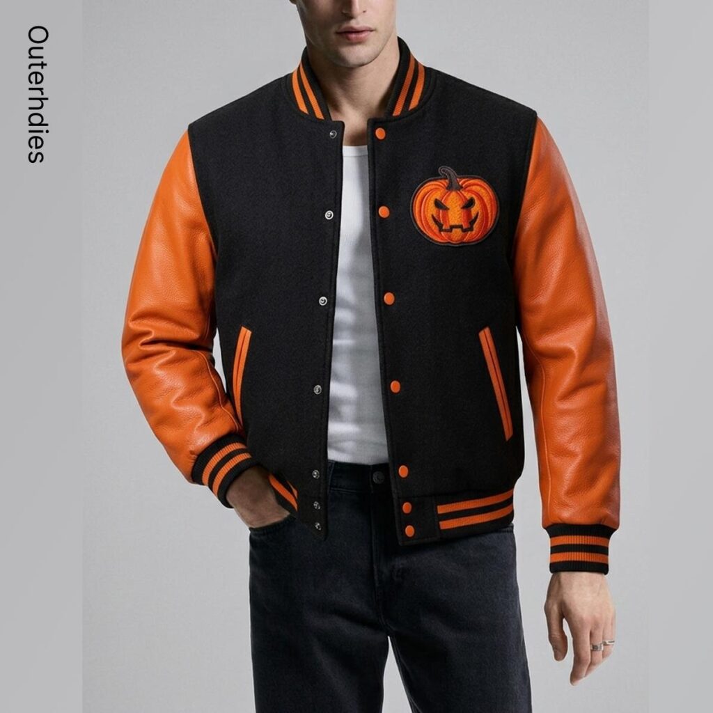 Happy Halloween Varsity Jacket | Black Wool Orange Leather Streetwear Coat