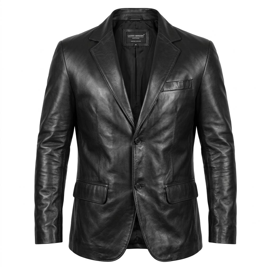 Men's Black Leather Blazer | Two-Button Notch Lapel Smart Casual Coat