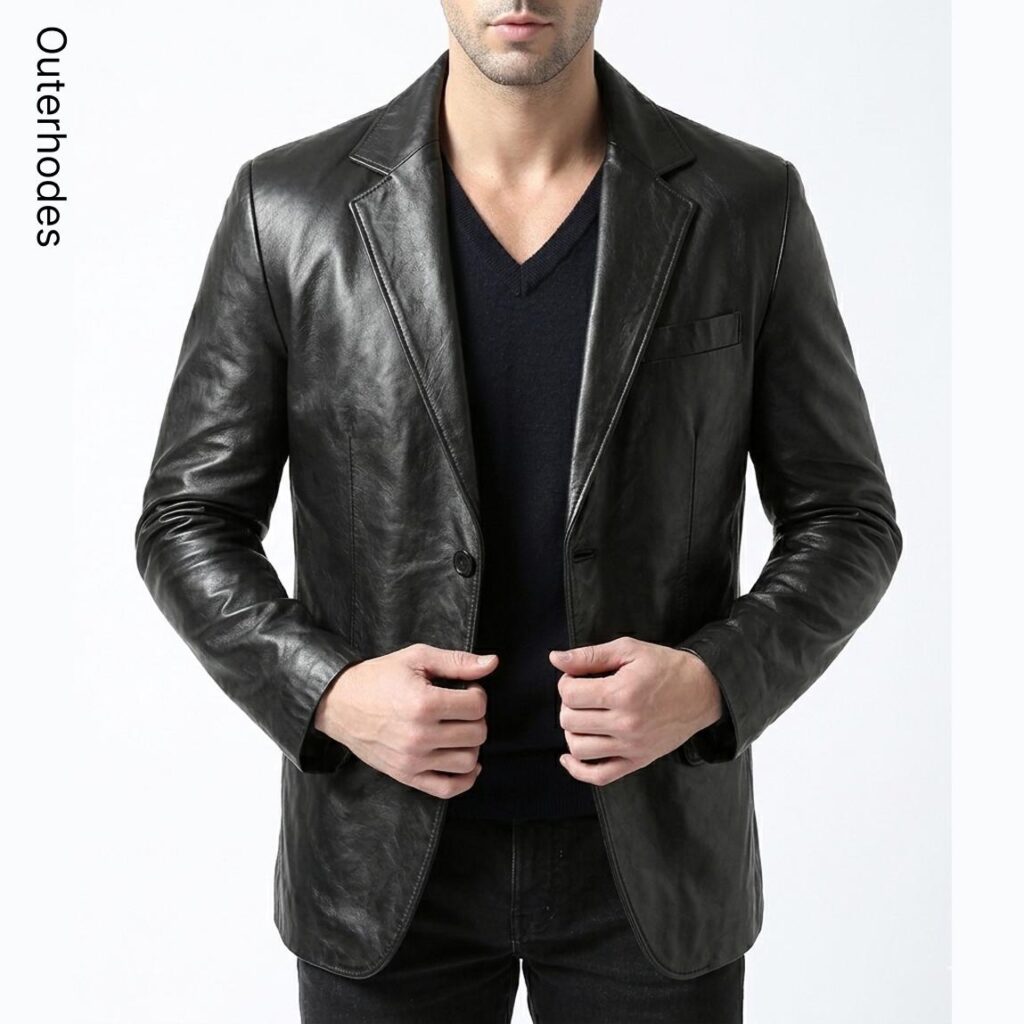 Men's Black Leather Blazer | Two-Button Notch Lapel Smart Casual Coat