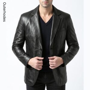 Men’s Black Leather Blazer | Two-Button Notch Lapel Smart Casual Coat