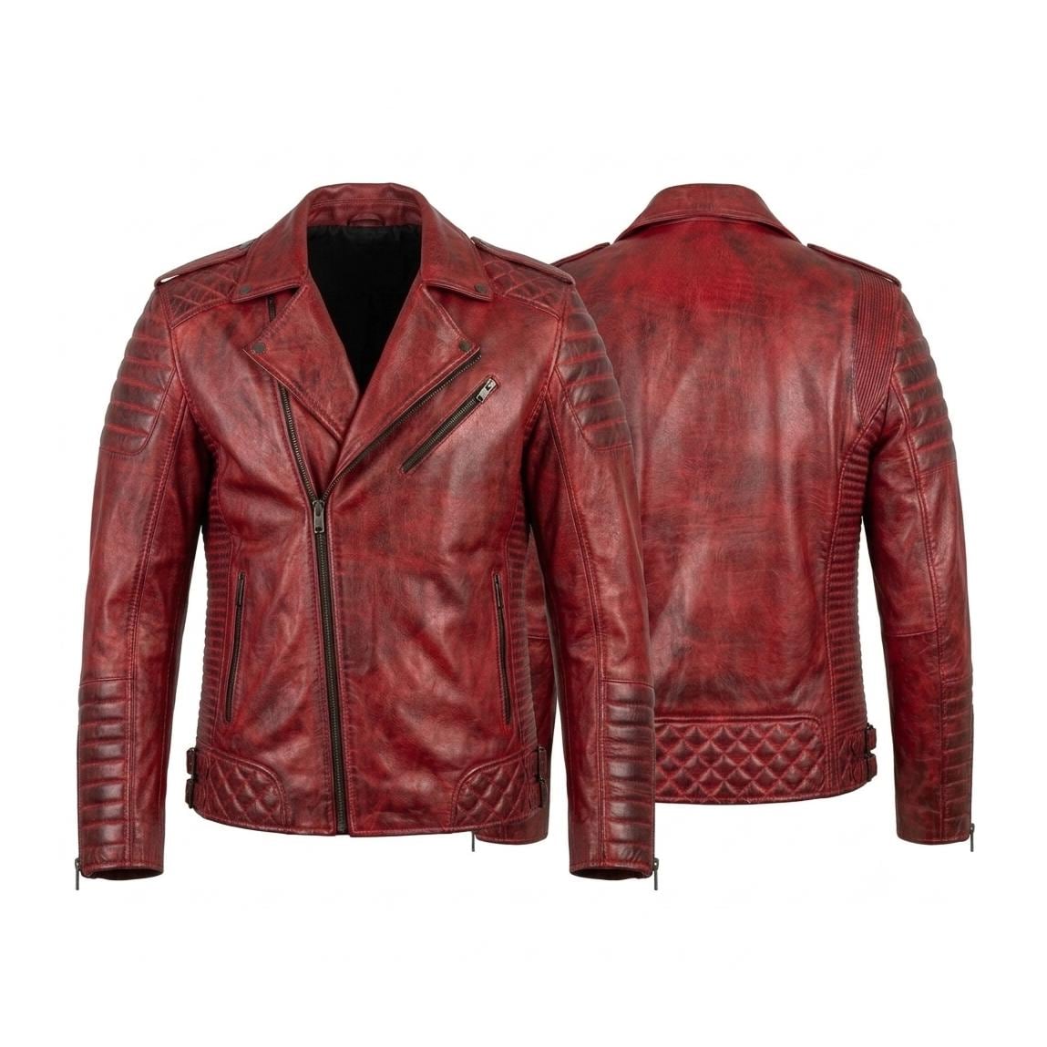 Men's Distressed Burgundy Sheep Leather Biker Jacket | Quilted Moto Asymmetric Zip - Image 5