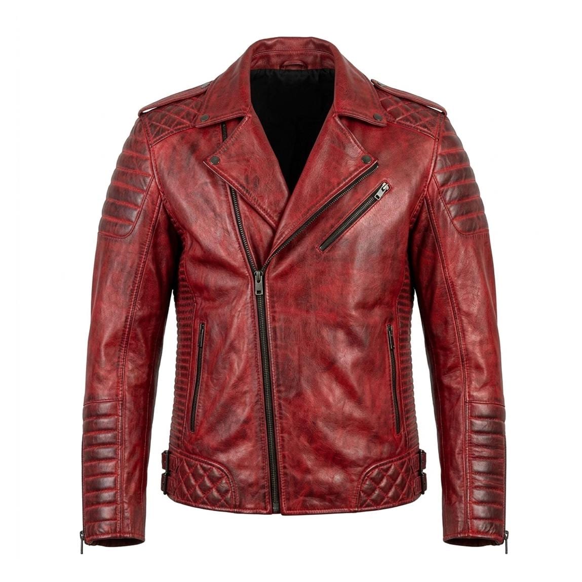 Men's Distressed Burgundy Sheep Leather Biker Jacket | Quilted Moto Asymmetric Zip - Image 3