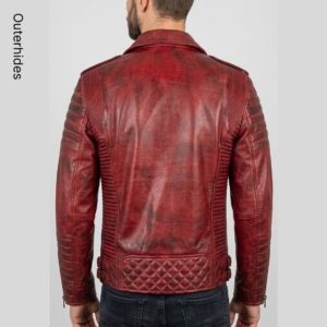 Men’s Distressed Burgundy Sheep Leather Biker Jacket | Quilted Moto Asymmetric Zip