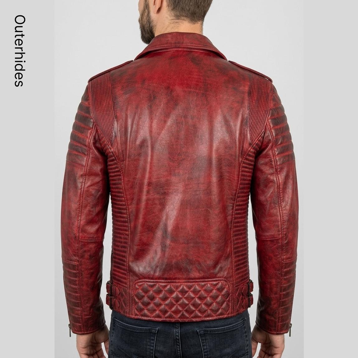 Men's Distressed Burgundy Sheep Leather Biker Jacket | Quilted Moto Asymmetric Zip - Image 2