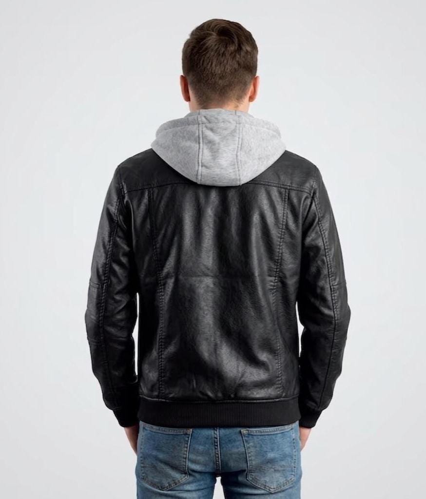 Doiley Mens Black Bomber Hooded Leather Jacket - Image 2
