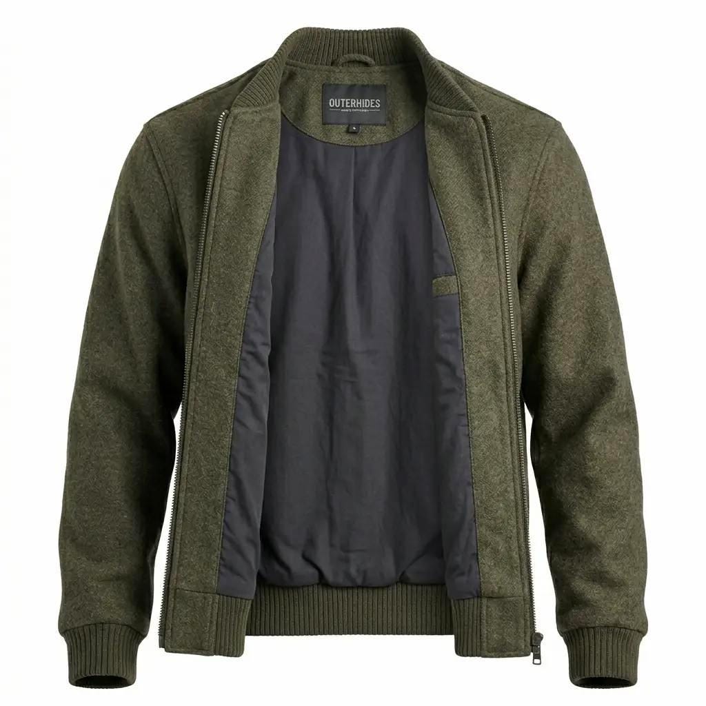 Olive Green Wool Blend Bomber | Old Money Mens Coat | Varsity Outerwear | Gift for Him - image 4
