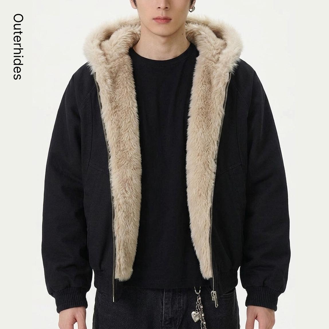 Black Faux Fur Lined Hooded Bomber Jacket | Oversized Sherpa Winter Coat