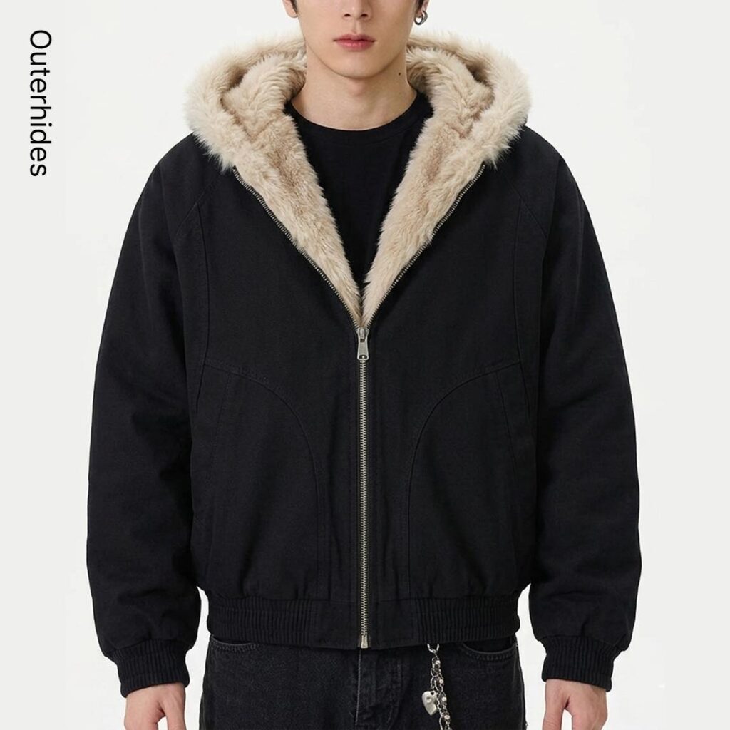 Black Faux Fur Lined Hooded Bomber Jacket | Oversized Sherpa Winter Coat