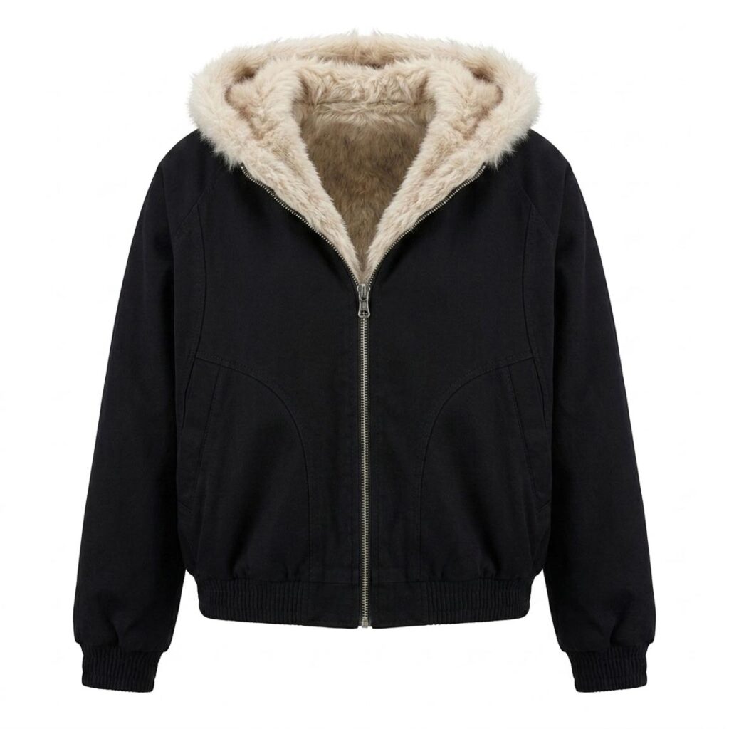 Black Faux Fur Lined Hooded Bomber Jacket | Oversized Sherpa Winter Coat