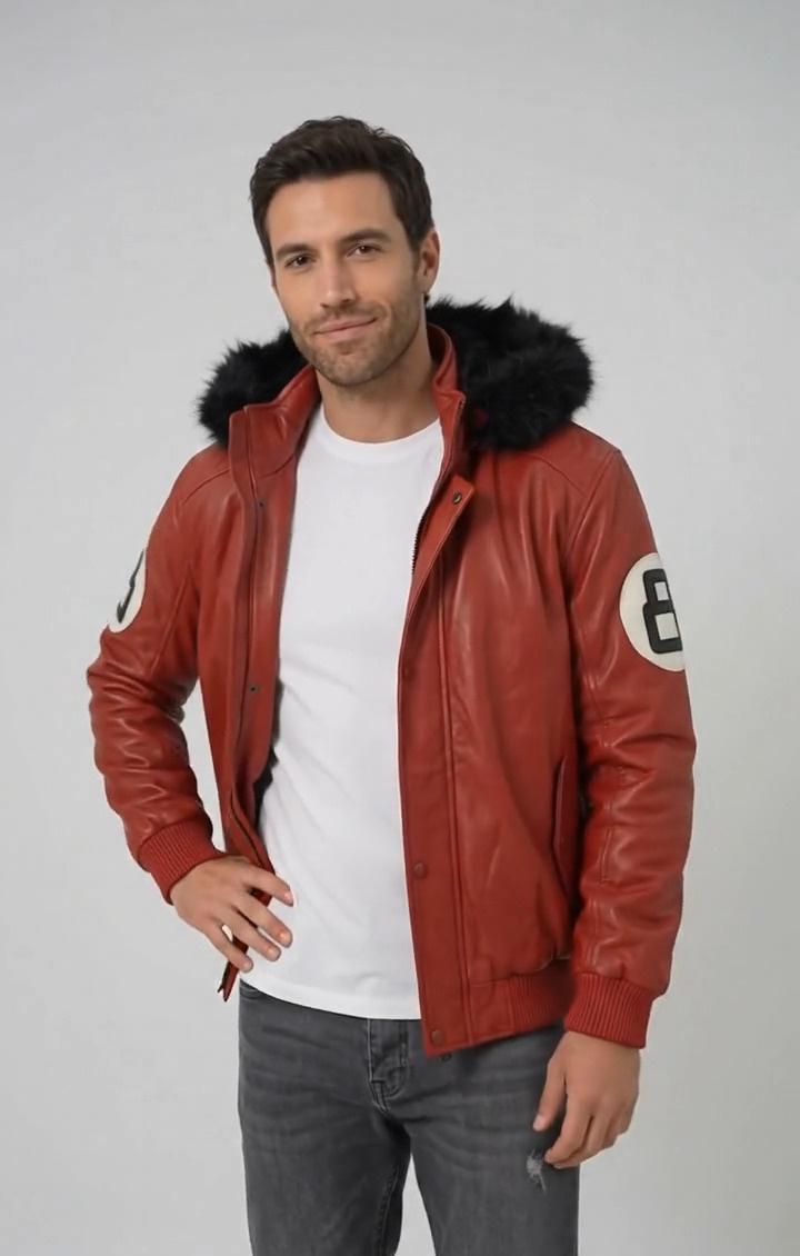 8 Ball Red Leather Bomber Jacket Men 90s Retro Hip Hop Hooded Fur Trim