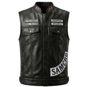 Men’s Leather Biker Vest | MC Club Cut with Reaper Patch, Anarchy Skull Costume