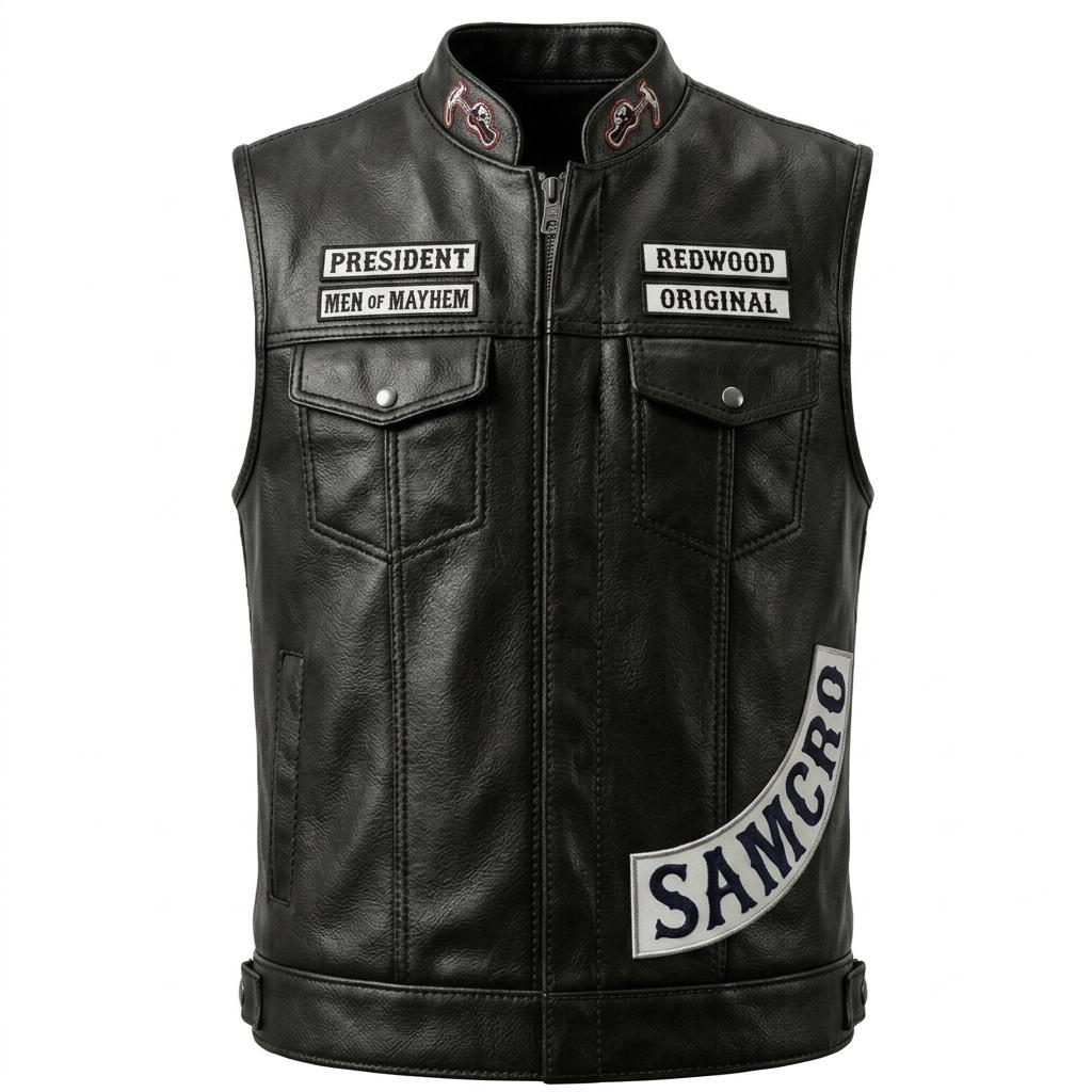Men's Leather Biker Vest | MC Club Cut with Reaper Patch, Anarchy Skull Costume