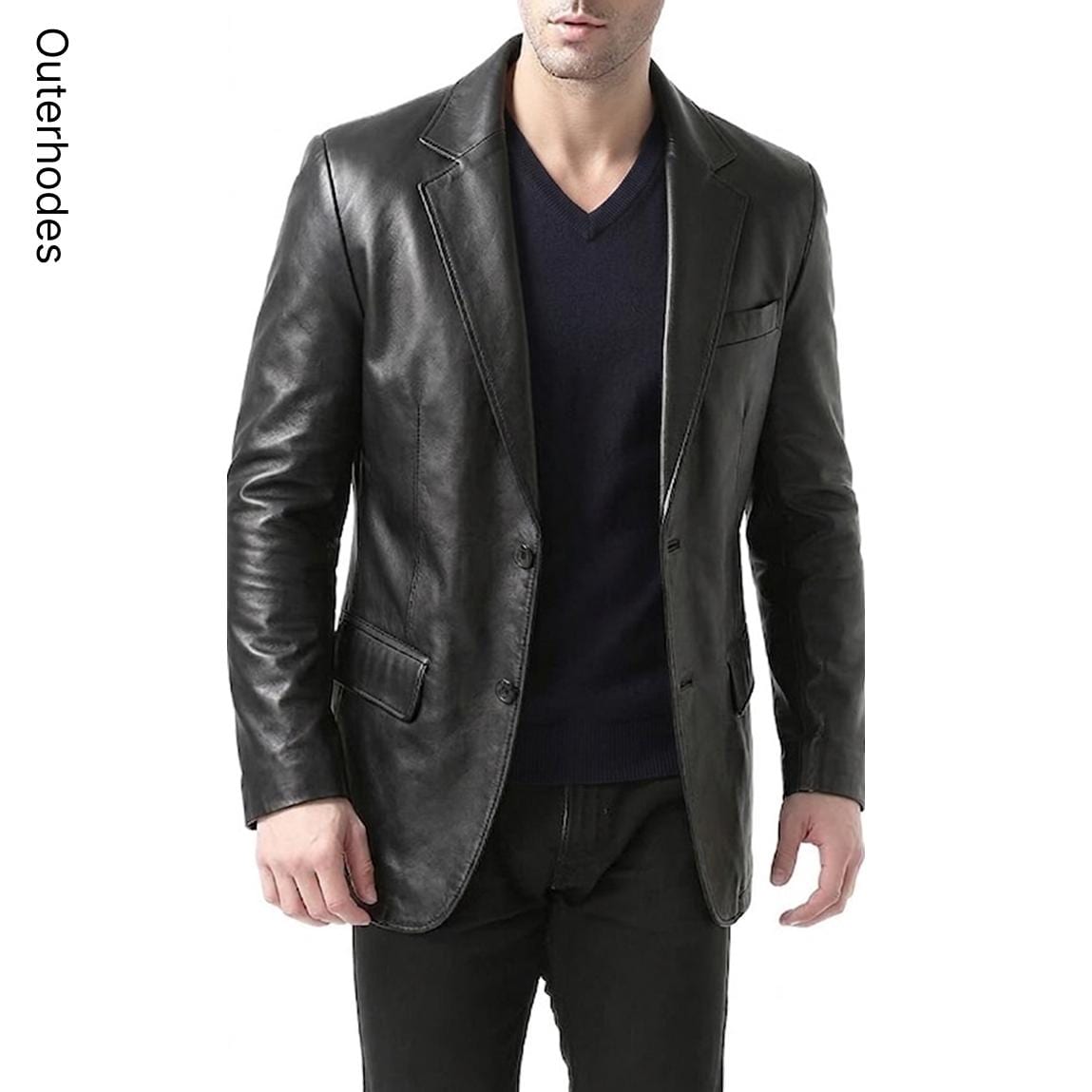 Men's Black Leather Blazer | Two-Button Notch Lapel Smart Casual Coat