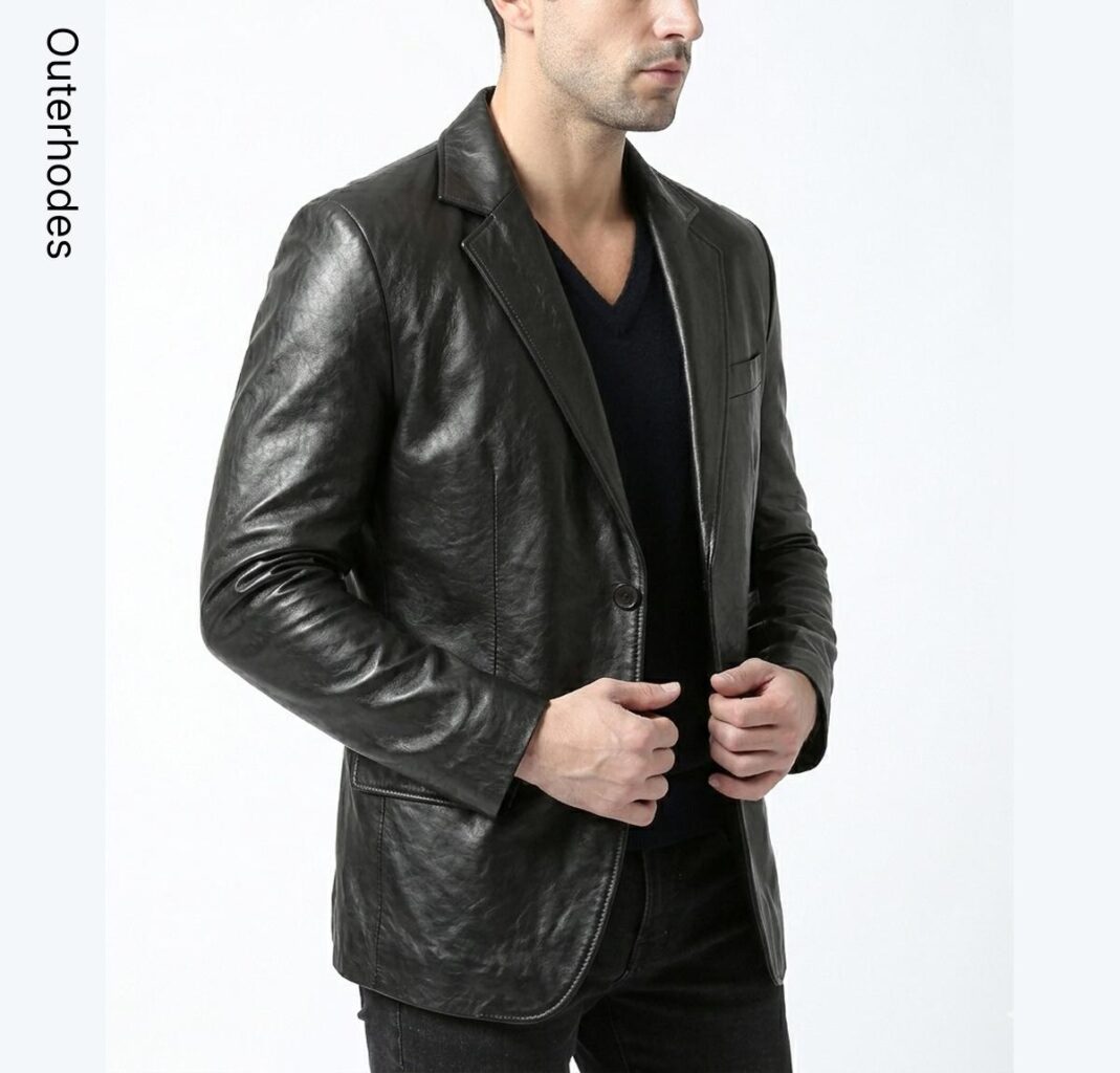 Men's Black Leather Blazer | Two-Button Notch Lapel Smart Casual Coat