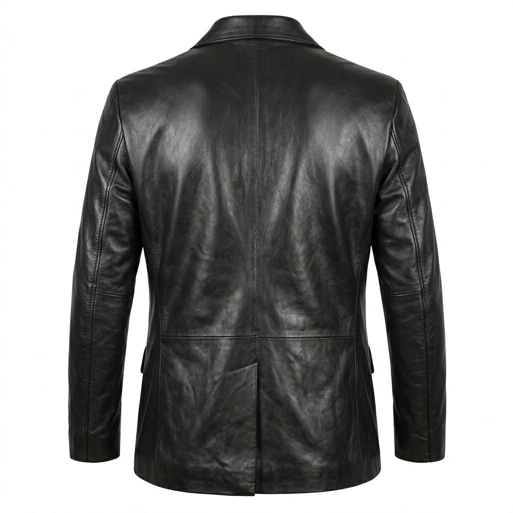 Men's Black Leather Blazer | Two-Button Notch Lapel Smart Casual Coat