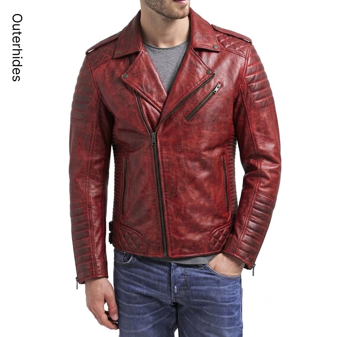 Men's Distressed Burgundy Sheep Leather Biker Jacket | Quilted Moto Asymmetric Zip