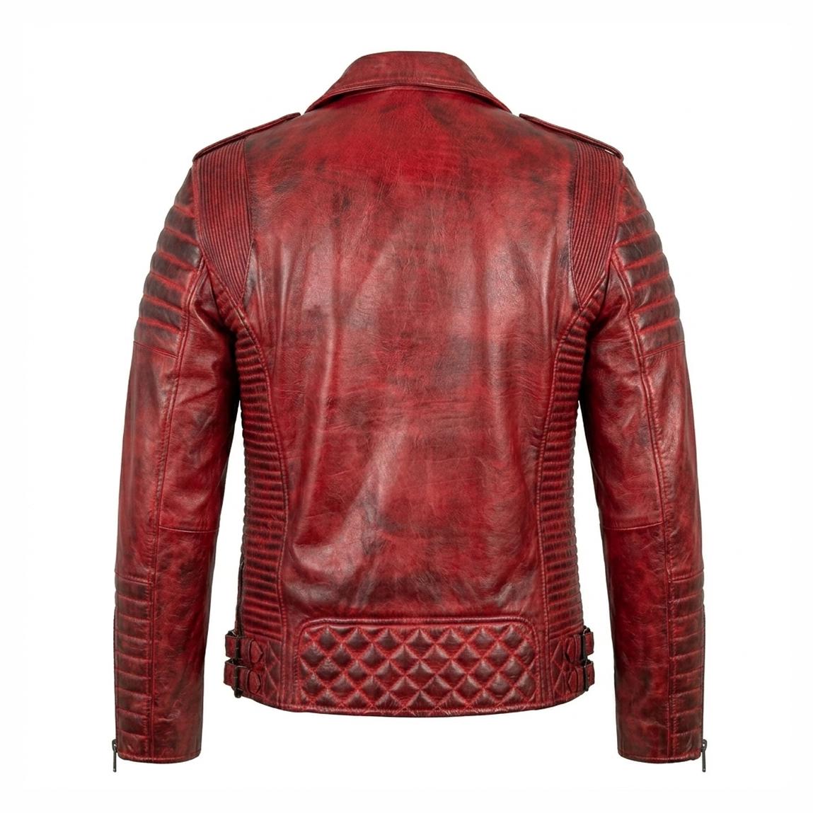 Men's Distressed Burgundy Sheep Leather Biker Jacket | Quilted Moto Asymmetric Zip - Image 4