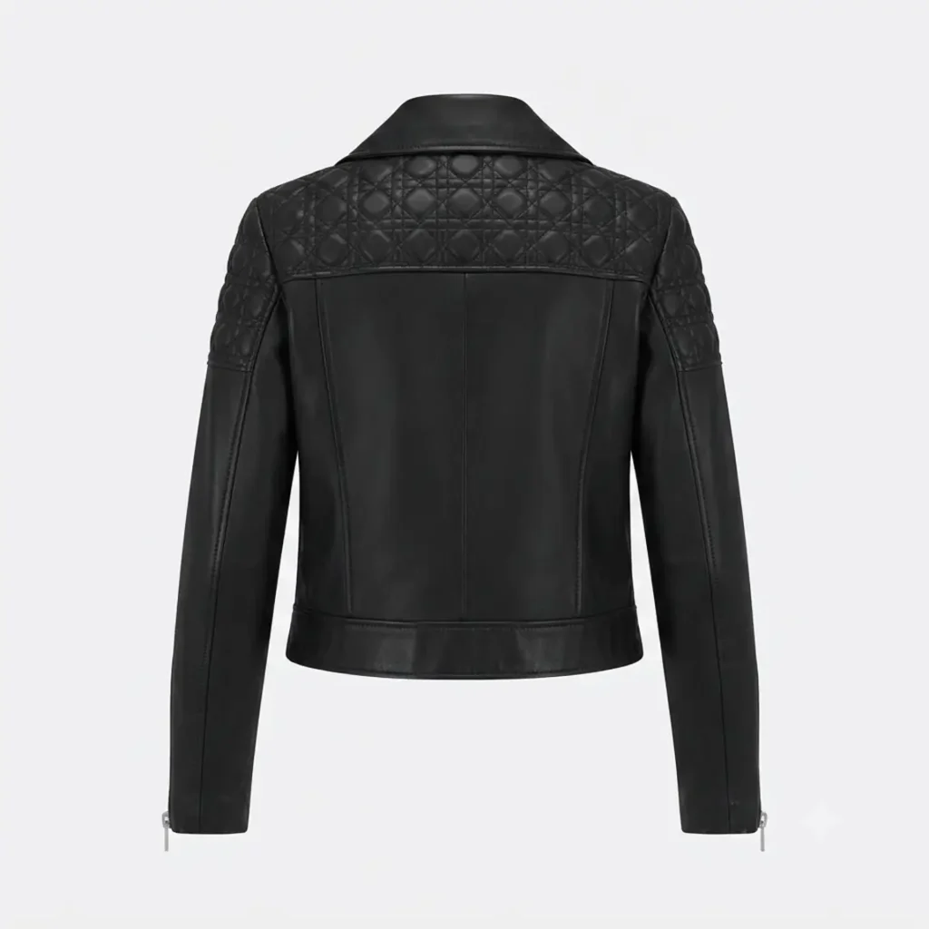 Emma Roberts Inspired Black Quilted Shoulder Leather Biker Jacket – Women's Diamond Cannage Moto Jacket - image 4