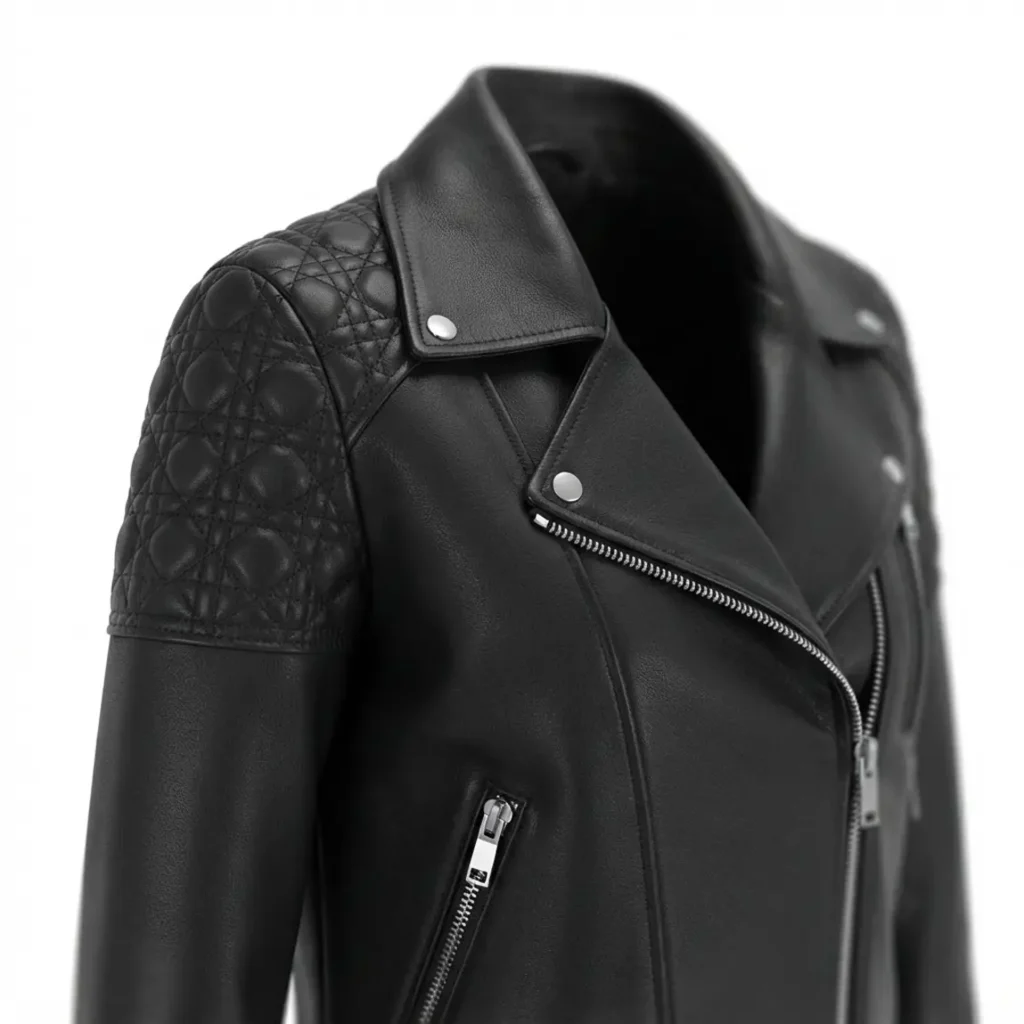 Emma Roberts Inspired Black Quilted Shoulder Leather Biker Jacket – Women's Diamond Cannage Moto Jacket - image 5