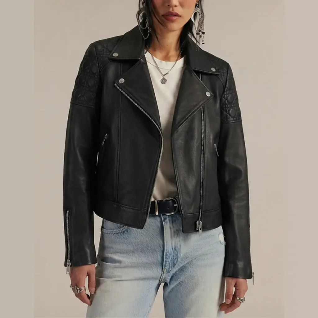 Emma Roberts Inspired Black Quilted Shoulder Leather Biker Jacket – Women's Diamond Cannage Moto Jacket - image 1