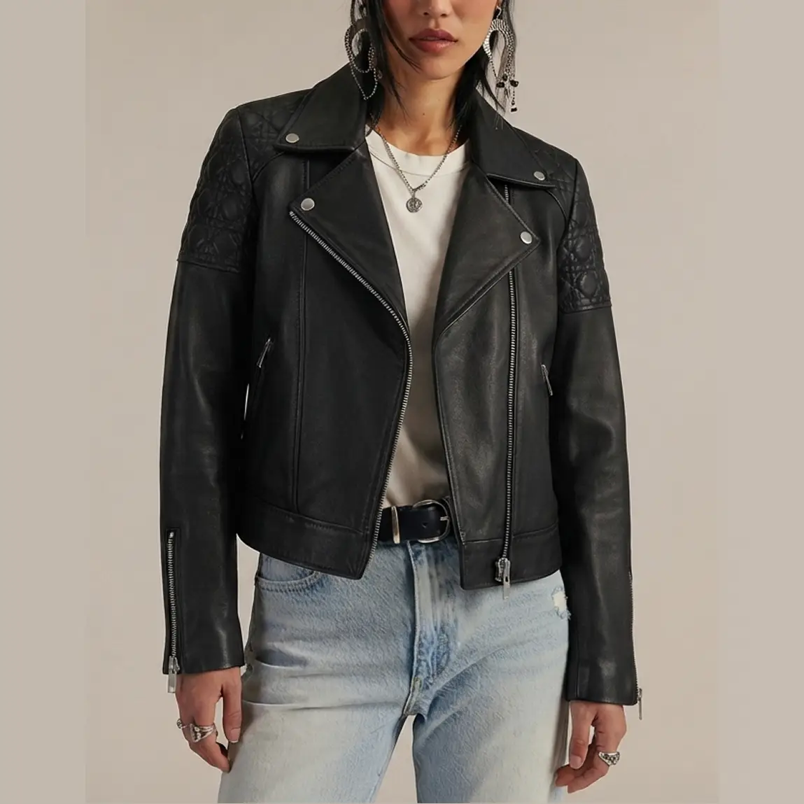 Emma Roberts Inspired Black Quilted Shoulder Leather Biker Jacket – Women's Diamond Cannage Moto Jacket