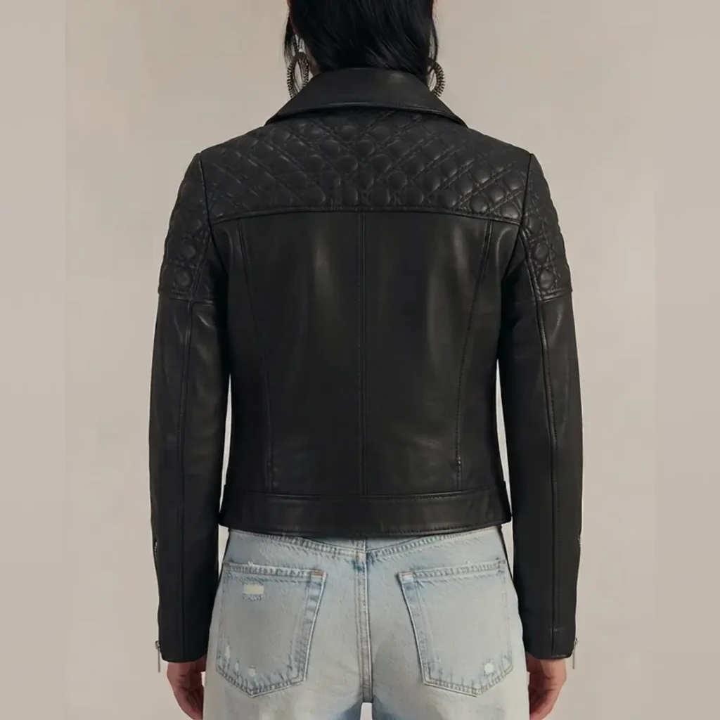 Emma Roberts Inspired Black Quilted Shoulder Leather Biker Jacket – Women's Diamond Cannage Moto Jacket - image 2