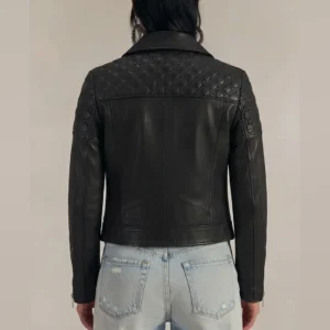 Emma Roberts Inspired Black Quilted Shoulder Leather Biker Jacket – Women’s Diamond Cannage Moto Jacket