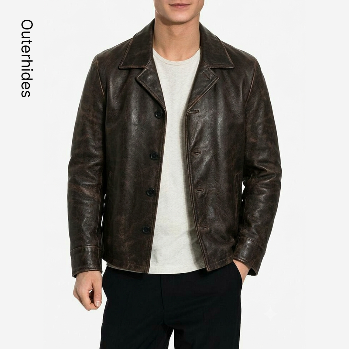 Men's Distressed Brown Leather Car Coat Jacket — Vintage Boxy Button Front