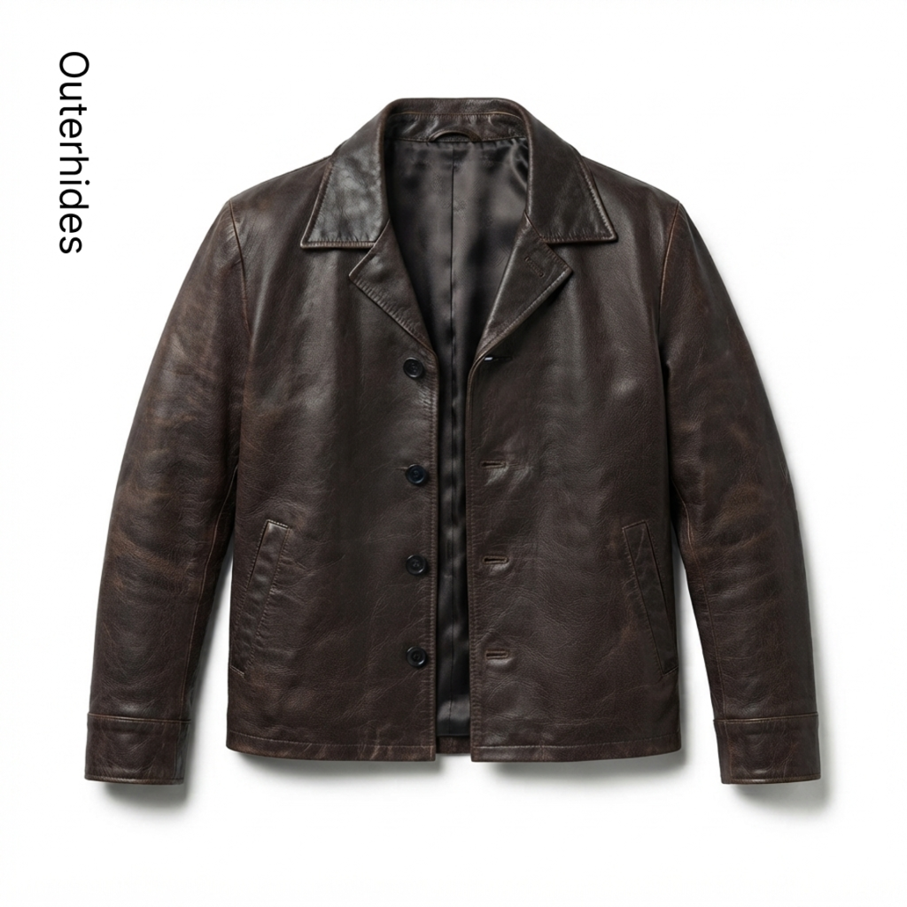 Men's Distressed Brown Leather Car Coat Jacket — Vintage Boxy Button Front - image 2