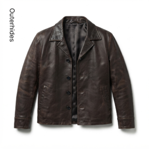 Men’s Distressed Brown Leather Car Coat Jacket — Vintage Boxy Button Front